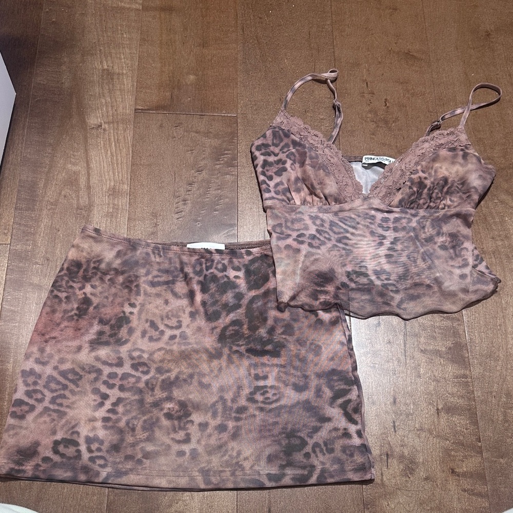 Leopard Print Satin Cami and Mini Skirt Set - Mauve Brown